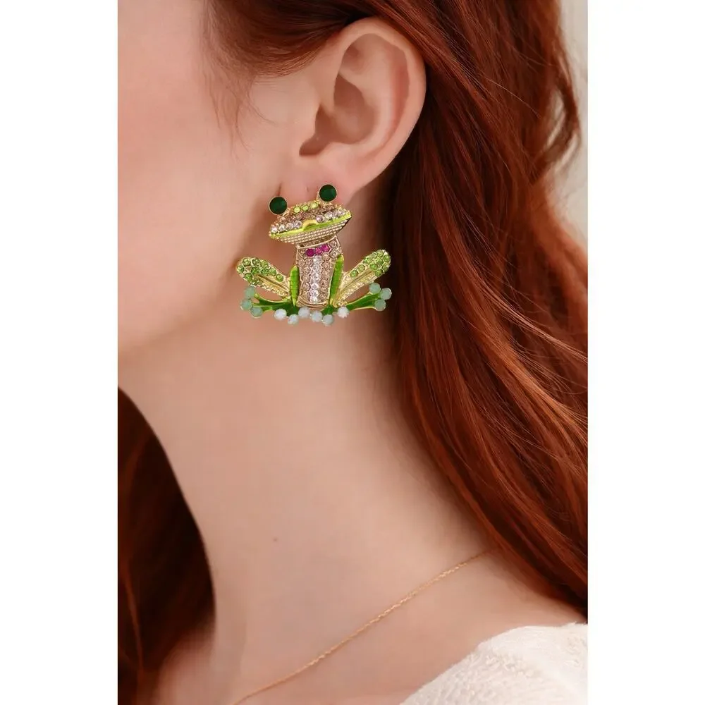 Baublebar Frog Earrings Gold CZ Stud Statement Whimsical Boho Crystal Retro VTG